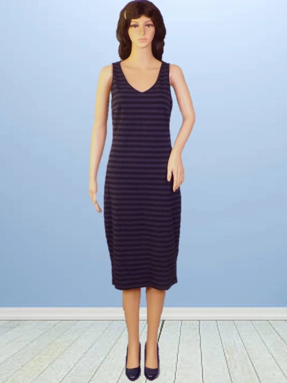 OLD NAVY size S navy-blue/black horizontal stripes sleeveless midi sheath dress